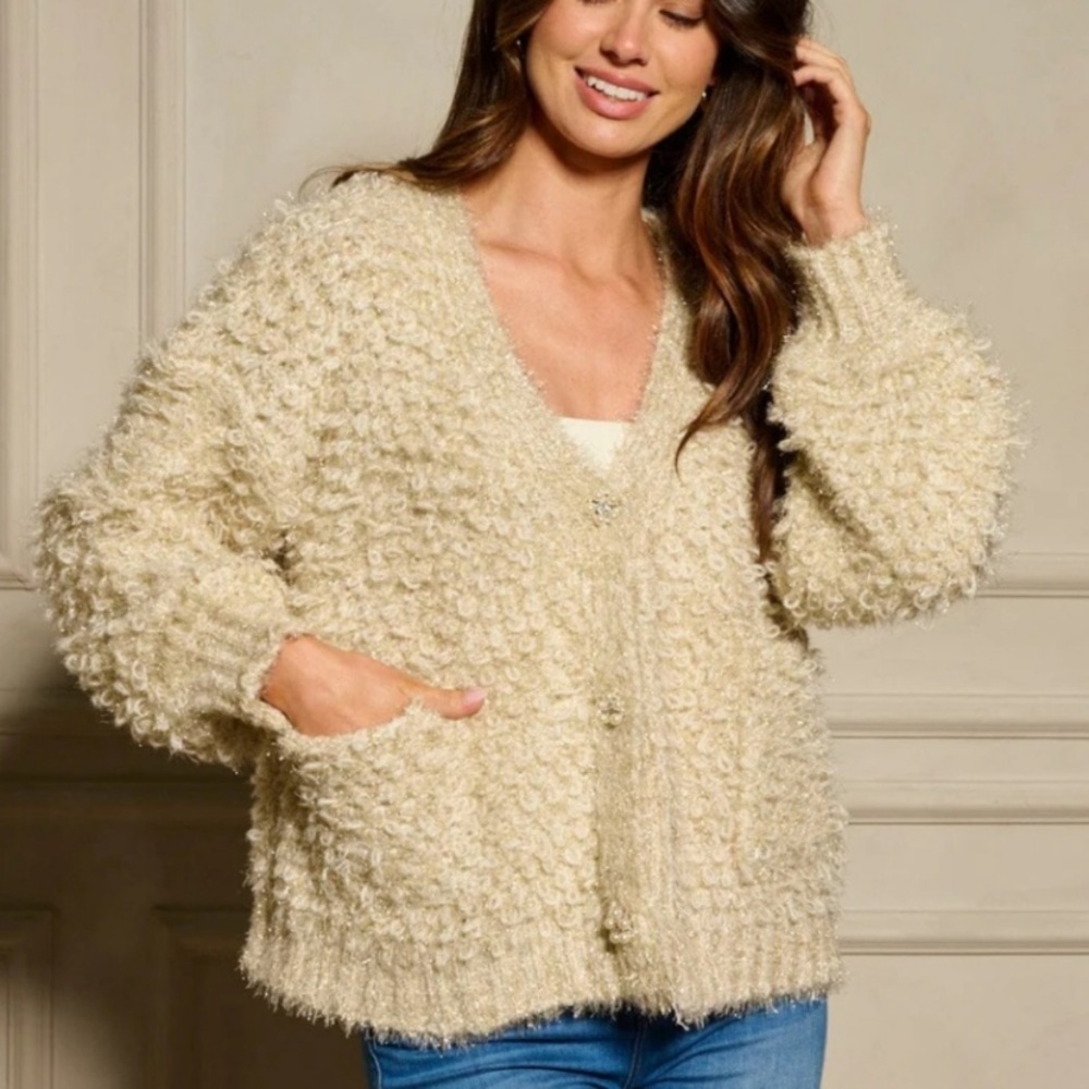 NWT | Love Riche | Looped Cardigan Sweater | Champagne | “Pearl” Buttons | M 🕦